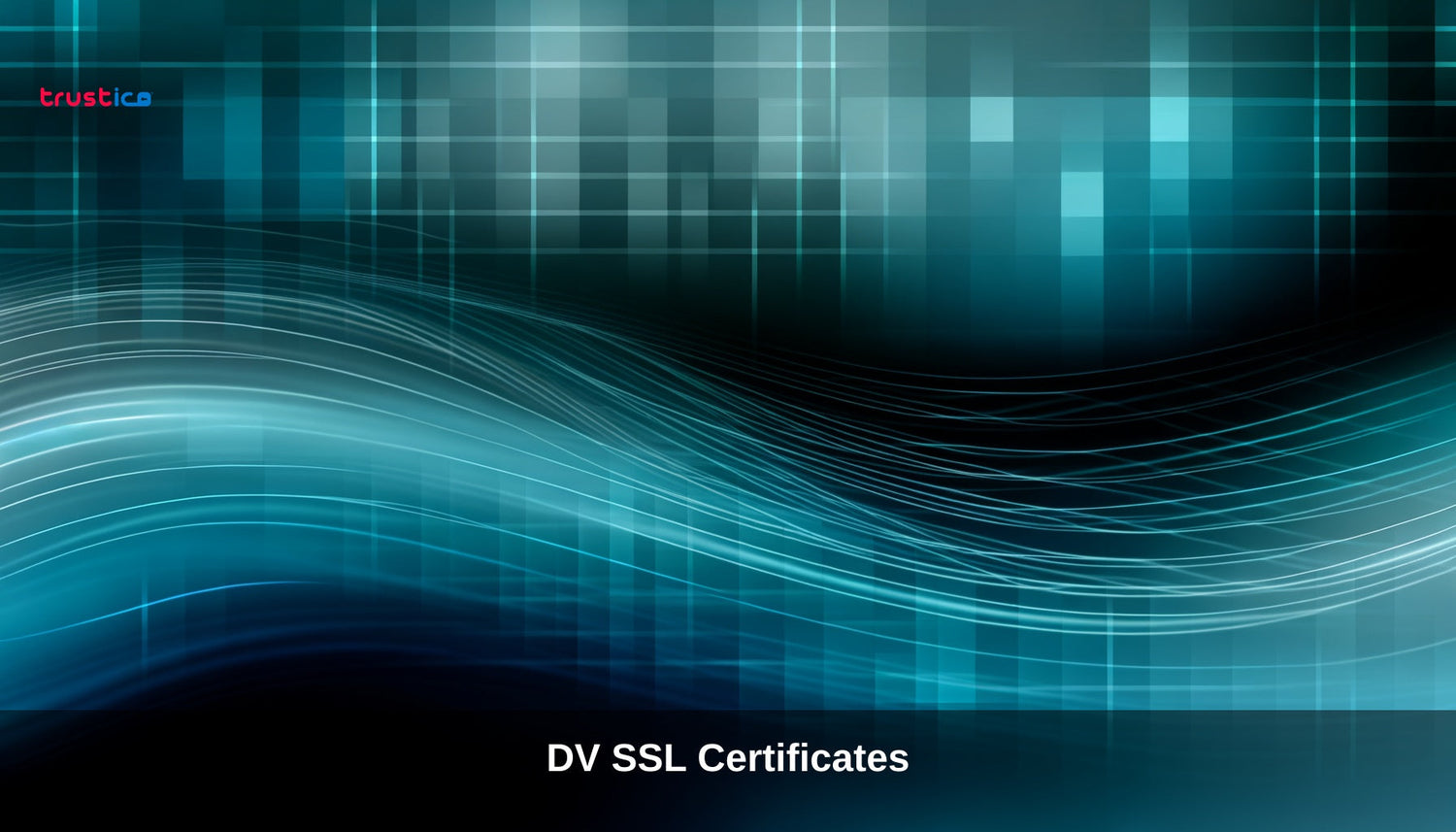 Abstract blue digital background with curved light lines and grid patterns, featuring the words DV SSL Certificates at the bottom and a small trustica logo in the top left corner.