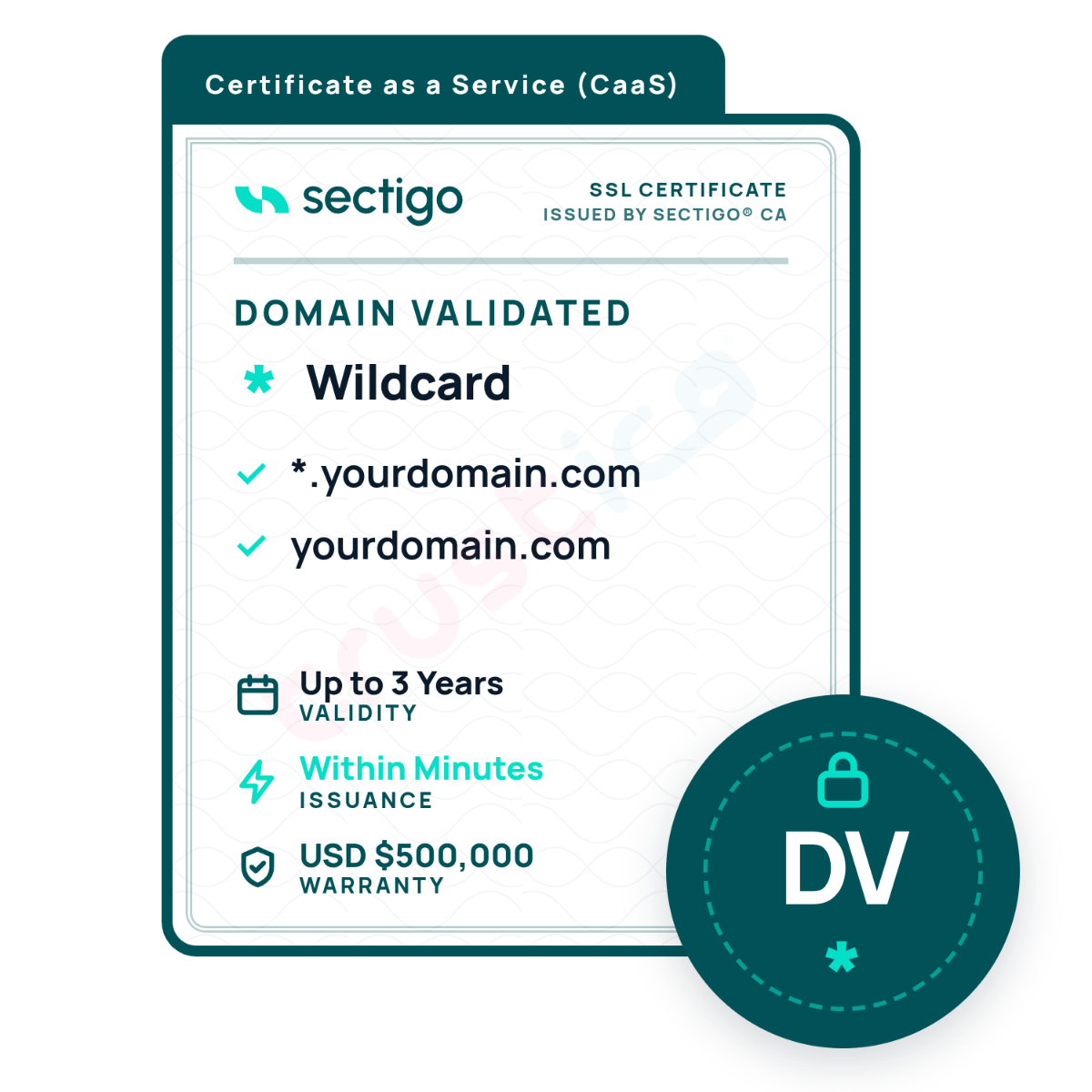 Sectigo® CaaS DV + Wildcard info card from Sectigo CA displays coverage for both *.yourdomain.com and yourdomain.com. This wildcard SSL certificate is ACME protocol compatible, issued within minutes, and includes a $500,000 warranty.