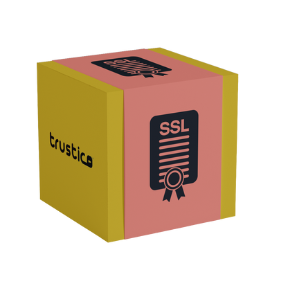A yellow cube with a pink top and front shows a certificate labeled "Trustico® DV + Multi Domain - Additional SAN" by Trustico CA, featuring a ribbon icon. The side reads "trustico," highlighting Subject Alternative Name support.