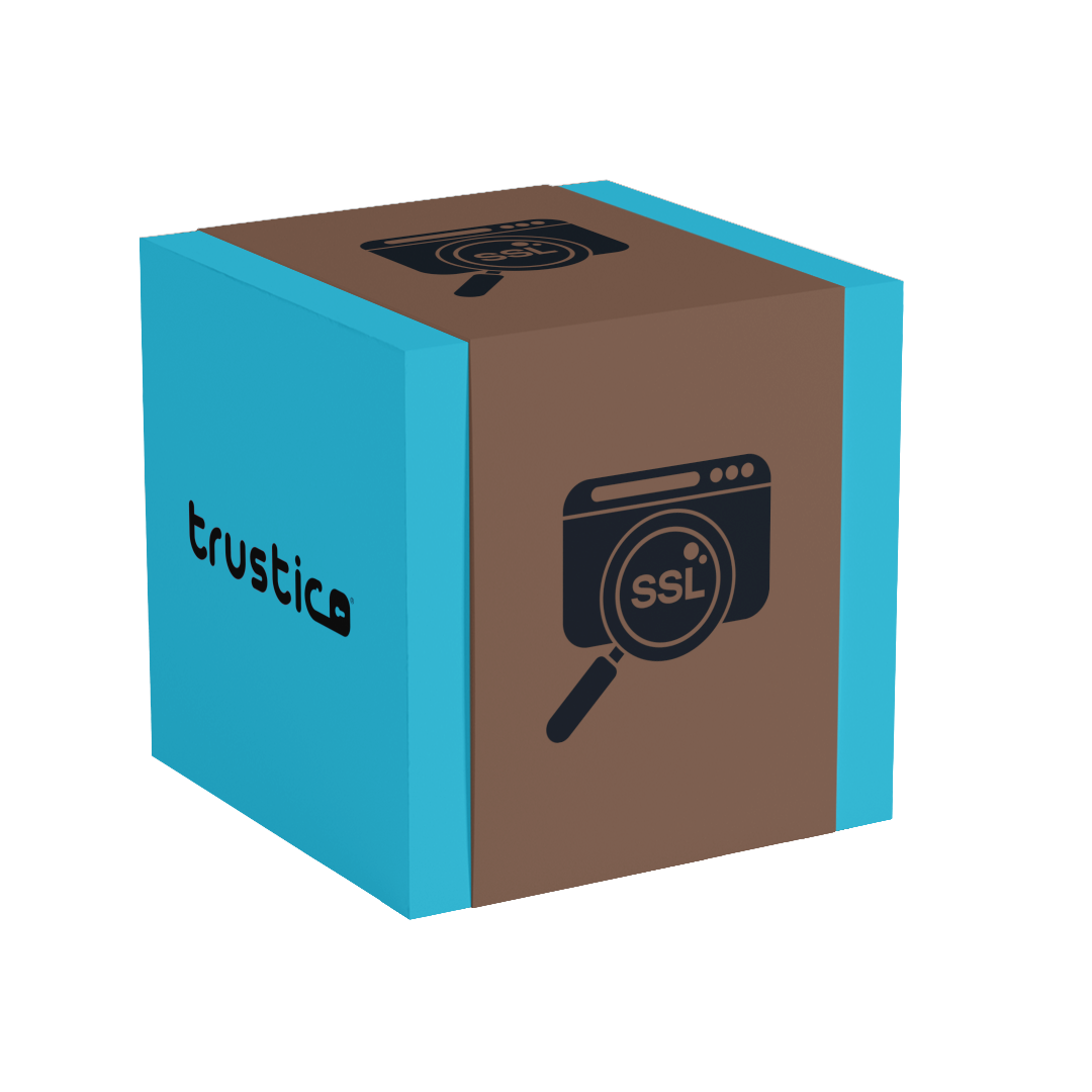 A 3D cube with brown and blue faces shows a browser window with a magnifying glass, SSL icon, and "Sectigo CA" on the side, representing Sectigo® DV + Wildcard and its subdomain security features.