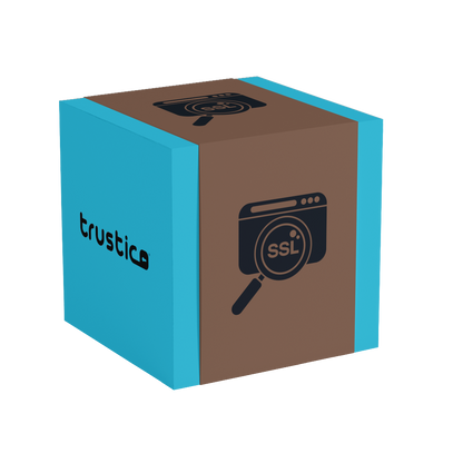 A 3D cube with brown and blue faces shows a browser window with a magnifying glass, SSL icon, and "Sectigo CA" on the side, representing Sectigo® DV + Wildcard and its subdomain security features.