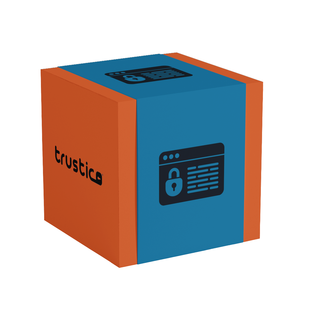 A 3D cube with orange and blue faces displays the Sectigo® OV + Wildcard logo from Sectigo CA, featuring a browser window with padlock on blue sides for SSL security and trustic with a lock symbol on the orange side.