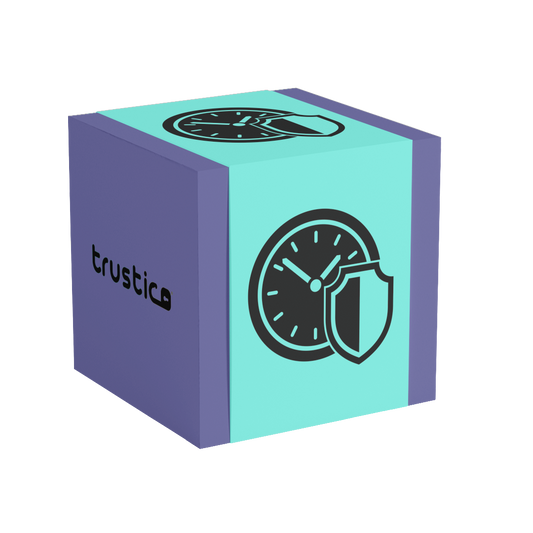 A blue and purple cube featuring a clock and shield symbol on one face and the word Trustico® on another, set against a plain background, subtly represents the robust security provided by the Trustico® DV + Wildcard + Multi Domain SSL Certificate.