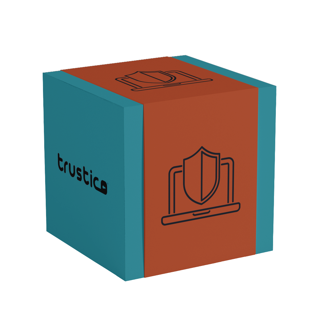 A blue and brown cube featuring a laptop with a shield and padlock, displaying "Trustica," symbolizes website security and data protection using the Trustico® EV Single Site certificate by Trustico CA.