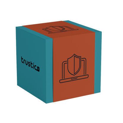 A blue and brown cube featuring a laptop with a shield and padlock, displaying "Trustica," symbolizes website security and data protection using the Trustico® EV Single Site certificate by Trustico CA.